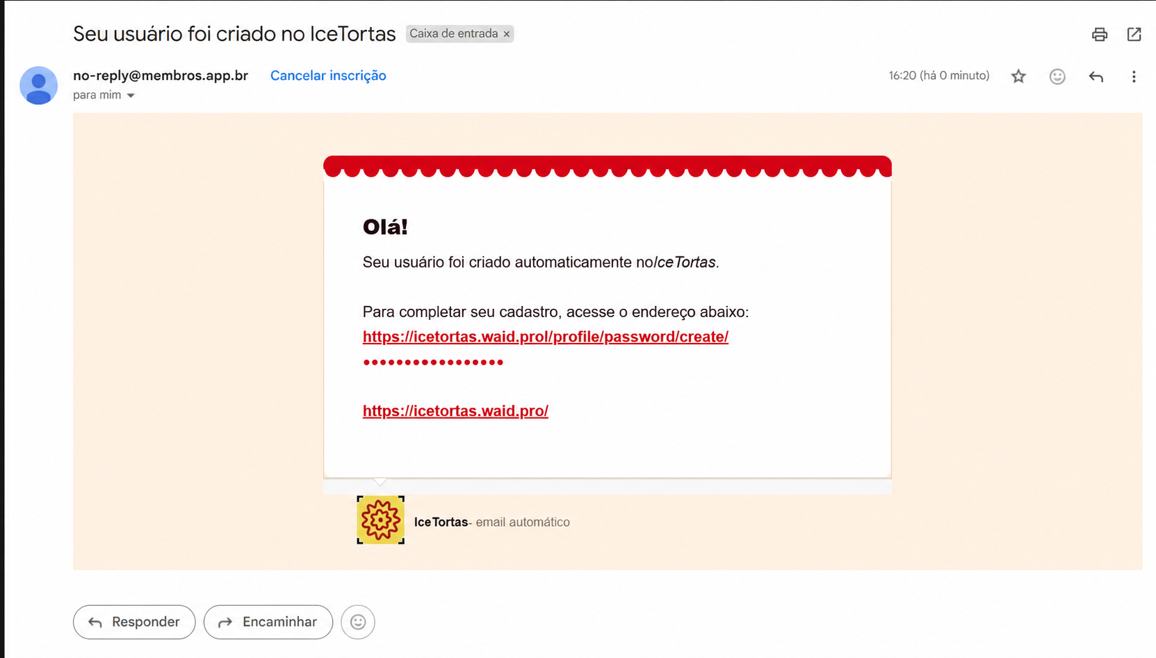 E-mail de criação do usuário IceTortas com o link de acesso destacado